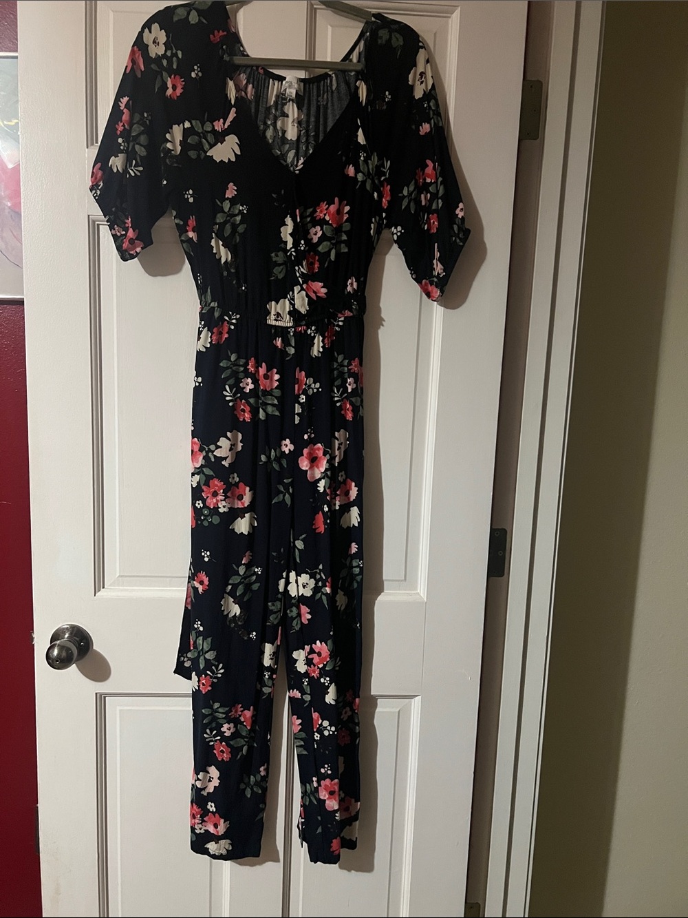 Floral V-Neck Jumpsuit in Navy with Pink & White Flowers